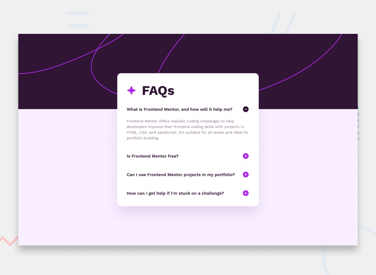 FAQ accordion component with a purple and white UI